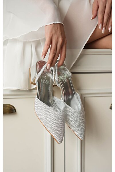 MODAADAM Women's Flex Short Heeled Glittery Shoes - Silver