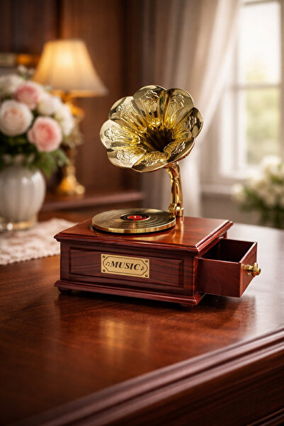 ARUZEN Çekmeceli Retro Gramofon Müzik Kutusu – Döner Mekanizmalı