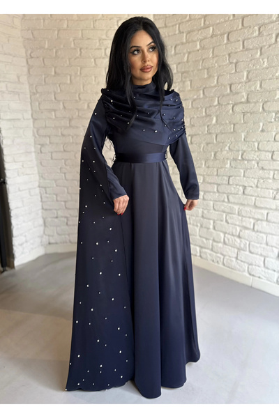 moneta boutique Women's Satin Long Stone-Embellished Evening Dress with Cape