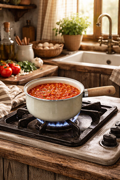 CookaHome 18 cm Enamel Saucepan – Wooden Handle, Healthy and Stylish Design