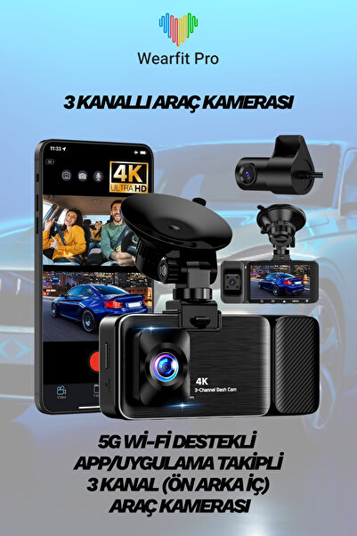 Wearfit Pro 3 Kanalı Araç İçi Kamera App Kontrollü Video Kaydedici GPS Dashca...