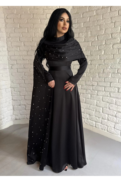 moneta boutique Women's Satin Long Stone-Embellished Evening Dress with Cape