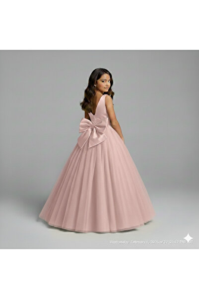 PRİNCESS Kız Çocuk Pudra Pembe Sırtı Fiyonklu Tül Etek Prenses Elbise,Kız Çoç...