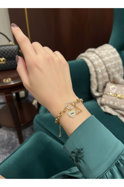 Kalpli Göz Detaylı Charm Kalın Zincir 14K Altın Kaplama Gold Kadın Bileklik
