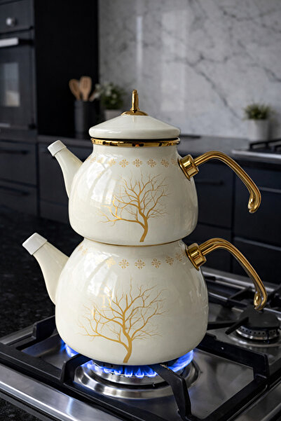 CookaHome Emaye Çaydanlık Takımı – 2,3 L Suluk + 1,1 L Demlik | Gold Detaylı