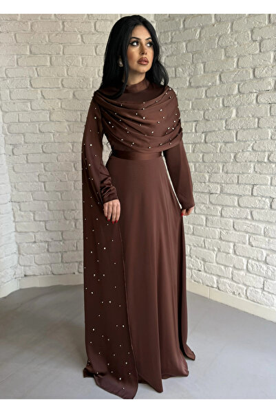 moneta boutique Women's Satin Long Stone-Embellished Evening Dress with Cape