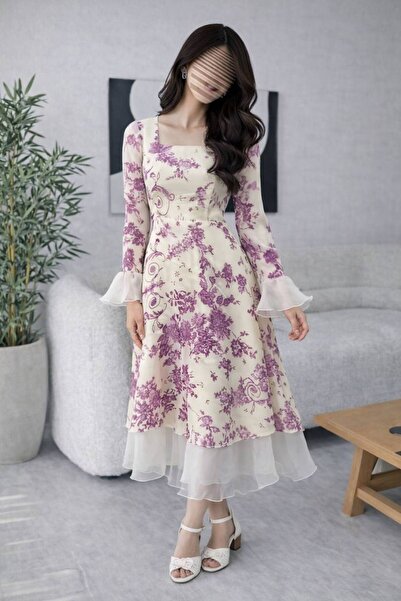 MILANORA Elegant mauve dress with roses for Eid
