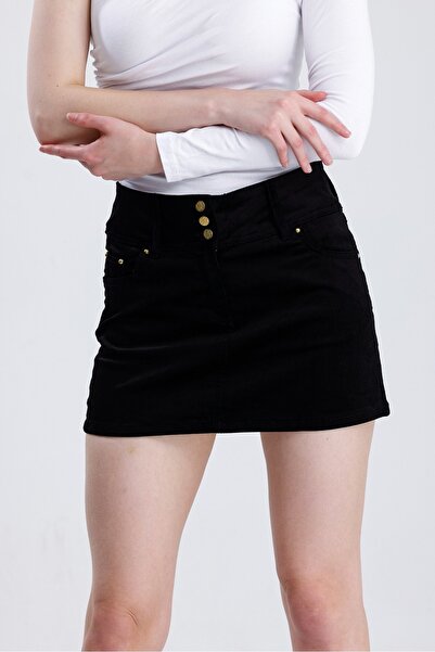 Lady Pixie Gold Button Detailed Mini Denim Skirt