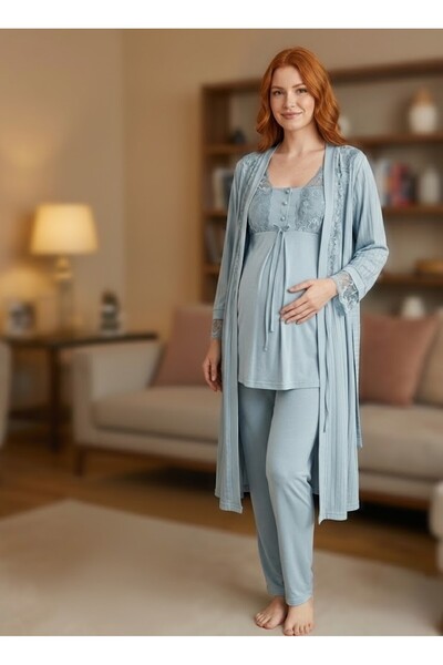 Lohussa Yeni Sezon Mavi Jakarlı Dantelli Kısa Kol Tasarım Yazlık Hamile Lohus...