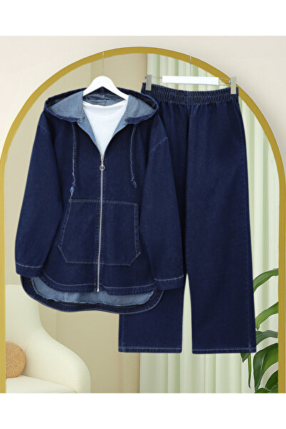 Modamorfo Hooded Kangaroo Pocket Oval Cut Trousers Denim Set - Indigo