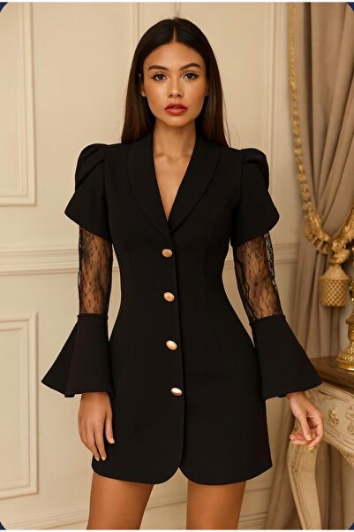Divin store Black blazer dress with lace sleeves and gold buttons