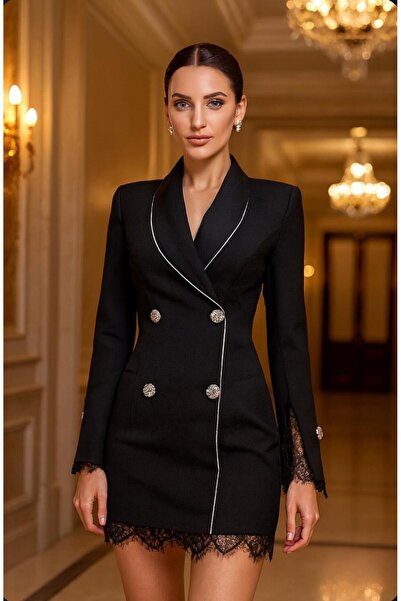 Divin store Black Blazer Dress with Lace on the Sleeves and Gold Buttons