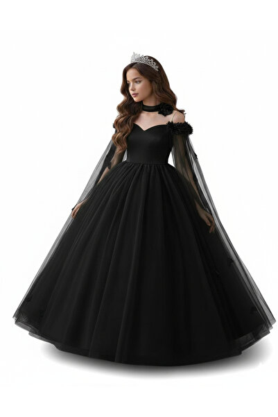 Star Kids Girl's Black Floral Detailed Princess Dress, Girl's Graduation Dress