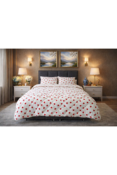 %100 Pamuklu Yorgan Yastık Kılıflı Çift Kişilik Red Hearth Desen 1.13.5