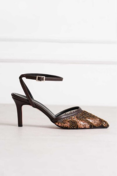 Roshin Shoes Yeni Sezon kadın Stiletto İncili Topuklu Ayakkabı kahve kırışık ...
