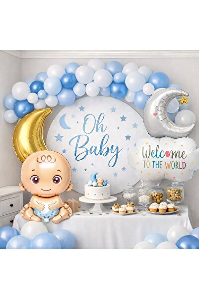 BKMC PARTY مجموعة زينة حفلات استقبال المولود الجديد باللون الأزرق مع مفهوم حف...