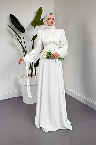 MERVEN AKYÜZ Shabnam Beli Taşlı Abiye Beyaz