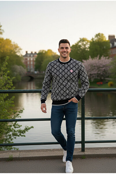 YusGos Men's Crew Neck Steel Knit High Quality Casa Patterned Sweater