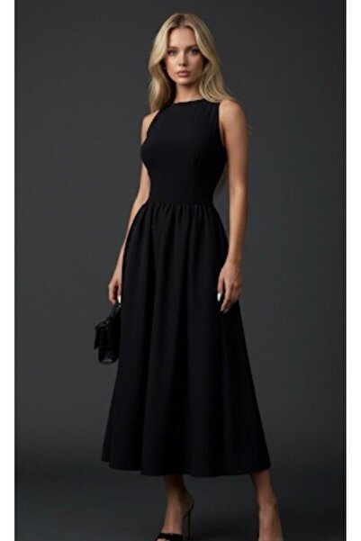 Be Best Women's Black Crew Neck Sleeveless Midi Dress Be375