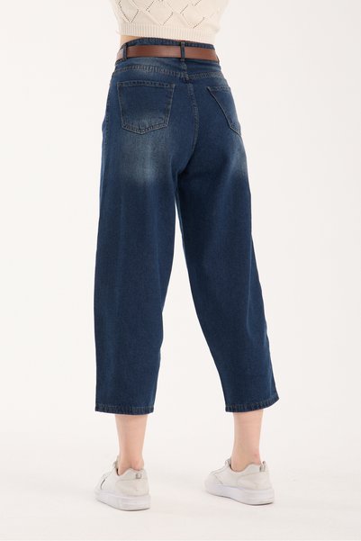 LAMİRA Blue Straight Legged Blue Jean Baggy High Waist Belt Detailed Women's Trendy Trousers