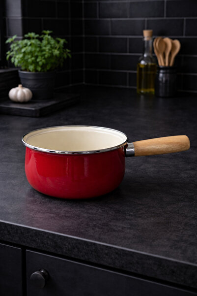 CookaHome 18 cm Emaye Sos Tenceresi – Ahşap Saplı, Sağlıklı ve Şık Tasarım