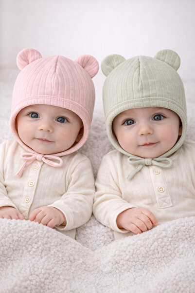 greenmoss 100% Cotton 2-Piece Newborn Baby Hat with Ear Straps and Laces