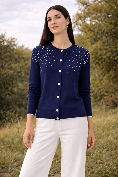 Nursay Long-Sleeved Knitwear Cardigan with Open and Closed Front and Pearls o...