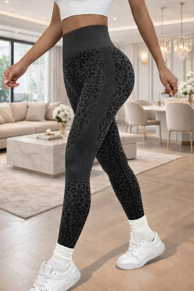 Yeşilmoda بنطلون رياضي عالي الخصر بنقشة الفهد - مرن، مريح، للاستخدام اليومي و...