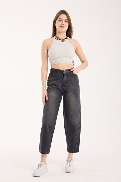 LAMİRA Straight Legged Coffee Spray Jean Baggy High Waist Belt Detailed Women...