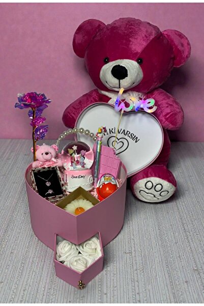 miraybutikhediyelikesya Sevgiliye Özel Lüks Hediye Seti | Kalp Kutu, 65 cm Bü...