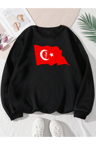 SUNFREE Turkish Flag and Ataturk Printed Unisex Cotton Crew Neck Sweatshirt