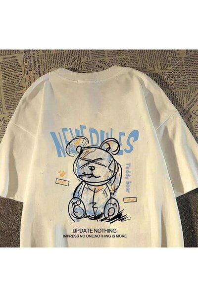 Le Savu White Cartoon Bear Printed Unisex Oversize T-Shirt