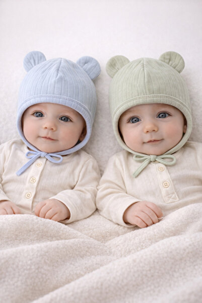 greenmoss 100% Cotton 2-Piece Newborn Baby Hat with Ear Straps and Laces