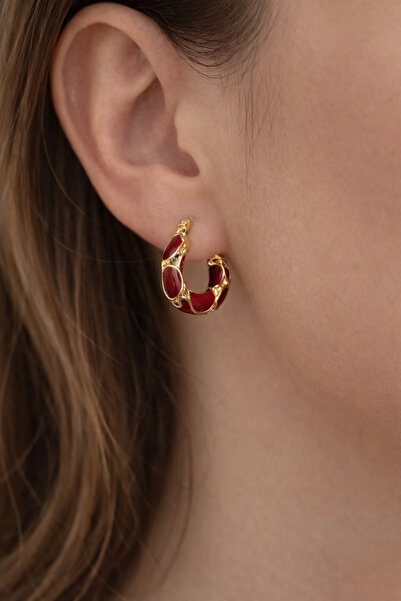 Goche Bijuteri Gold Detailed Enamel Stone Steel Hoop Earrings – Stylish and M...