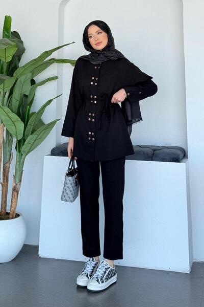 Şulemoda Giyim طقم مارال ذو مشبكين مزدوجين باللون الأسود