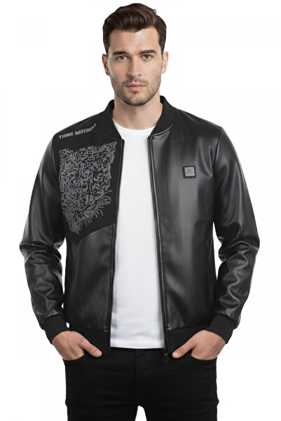 DeepSEA سترة رجالية من الجلد الصناعي بتفاصيل من الحجر الأسود وقصة ضيقة - معطف...