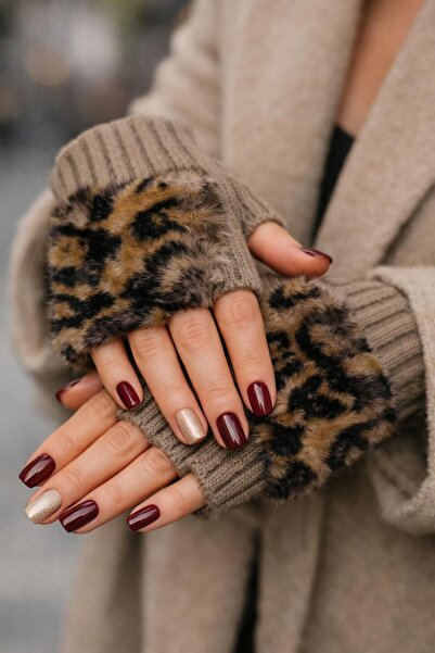 ZRN AKSESUAR Leopard Detailed Knitwear Gloves Stylish Fur Detail with Leopard...