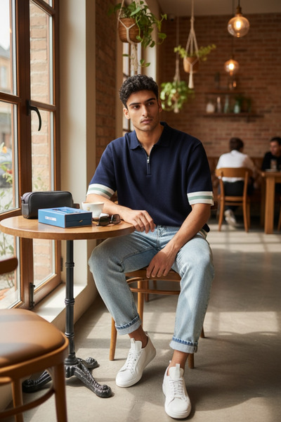 tiggir moda Polo Collar Knitwear T-Shirt and Jeans 2-Piece Combination