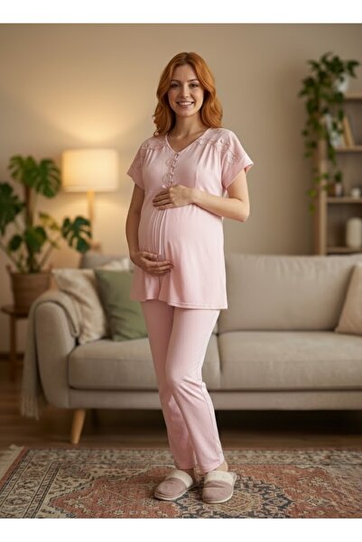 Lohusa Homewear New Season Powder Lace Detailed Summer Buttoned Short Sleeve ...