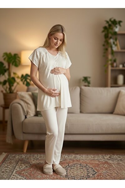 Lohusa Homewear New Season Ecru Lace Detailed Summer Buttoned Short Sleeve Ma...