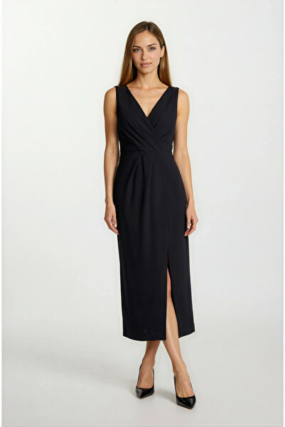 Spazio Bethel Kruvaze Yaka Önü Pileli Uzun Abiye Elbise SİYAH