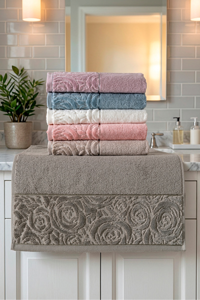 VELANORA HOME Set of 6 with Rose Pattern on the Edge, 100% Cotton, 50X90 cm H...