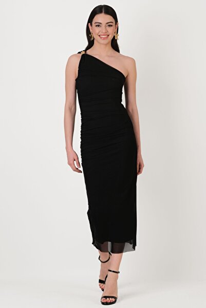 Spazio Falchetto Tek Omuz Yanı Büzgülü Midi Abiye Elbise SİYAH