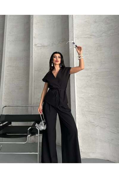 MODA Kadın V Yaka Kemerli Bluz Pantolon Takım