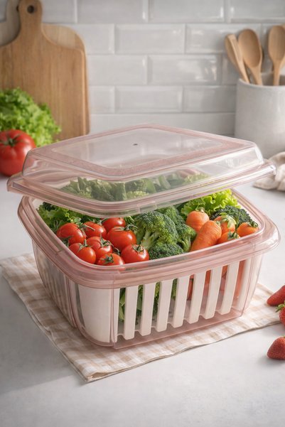 Luna Vegetable and Fruit Storage Container with Strainer and Lid Refrigerator Organizer