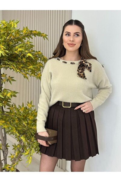 byasafkids Women's Leopard Pattern Flar Detail Crew Neck Knitwear Sweater