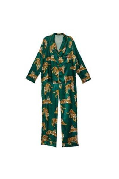 Tessari Green Satin Winter Pajama Set with Tiger Pattern for Women