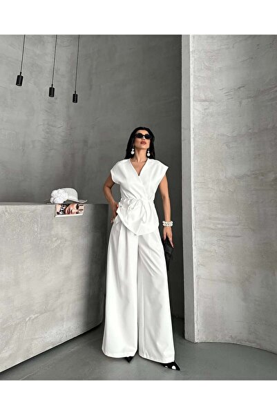 MODA Kadın V Yaka Kemerli Bluz Pantolon Takım