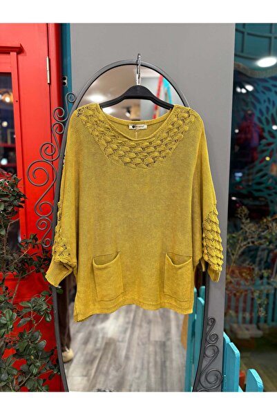 Yılday Gür Butik Mustard Yellow Pocket Detailed Openwork Collar Knitwear Sweater