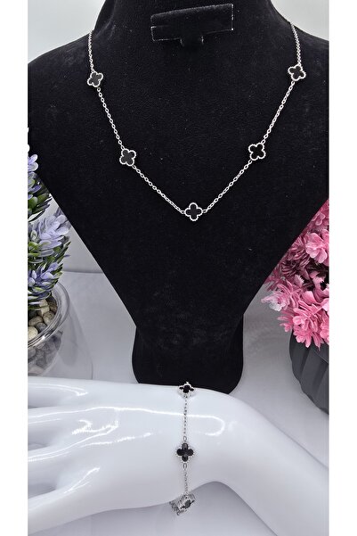 ahsenaksesuar2025 Mini Siyah Taşlı Yonca Model Gümüş Renk Çelik Kolye Bilekli...